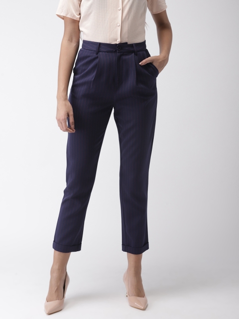 

FOREVER 21 Women Navy Blue Regular Fit Striped Cropped Peg Trousers