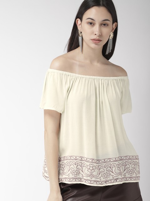 

FOREVER 21 Women Cream-Coloured & Mauve Solid Bardot Top