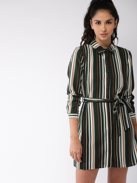 

FOREVER 21 Women Green & White Striped Shirt Dress