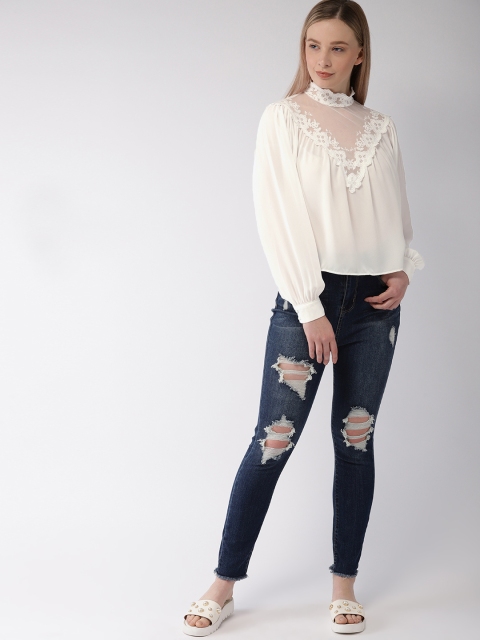 

FOREVER 21 Women White Solid Embroidery Top