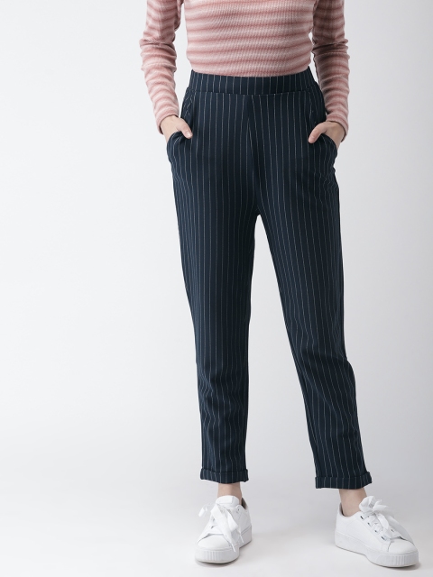 

FOREVER 21 Women Navy Blue & White Regular Fit Striped Regular Trousers