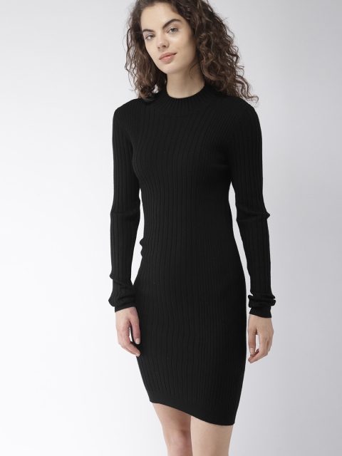 

FOREVER 21 Women Black Self-Striped Sweater Dress