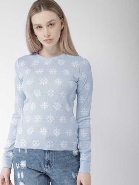 

FOREVER 21 Women Blue Self Design Round Neck T-shirt