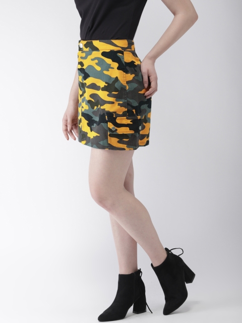 

FOREVER 21 Women Yellow & Black Camouflage Print A-Line Mini Skirt