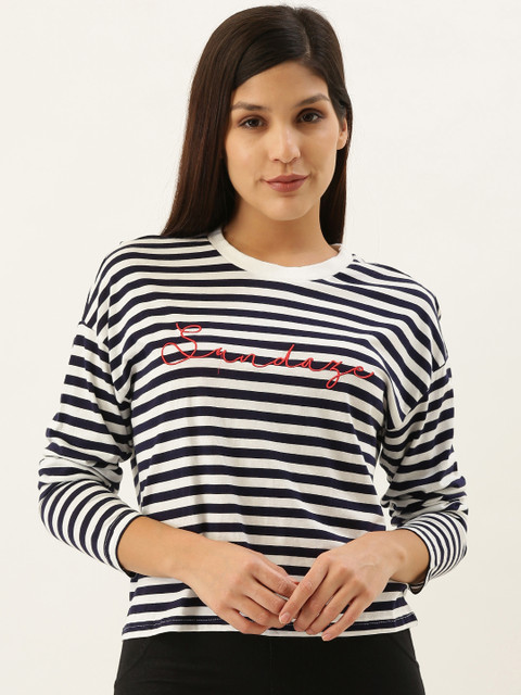 

FOREVER 21 Women White & Navy Blue Striped Round Neck T-shirt