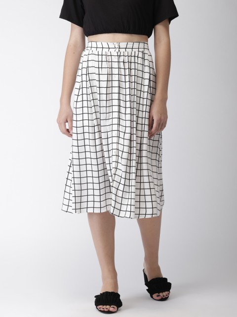 

FOREVER 21 Women White & Black Checked A-Line Skirt
