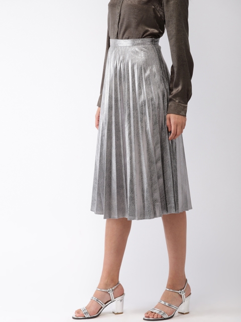 

FOREVER 21 Women Gunmetal-Coloured Textured Flared Skirt, Metallic