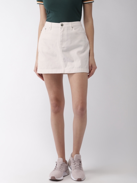 

FOREVER 21 Women White Solid Mini Denim Pure Cotton Skirt