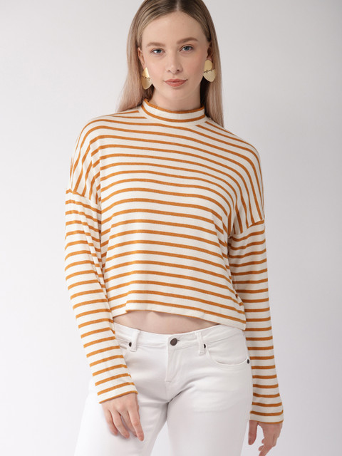 

FOREVER 21 Women Cream & Mustard Brown Striped Crop Top, White
