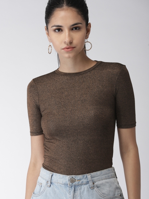 

FOREVER 21 Women Bronze-Toned Solid Round Neck T-shirt