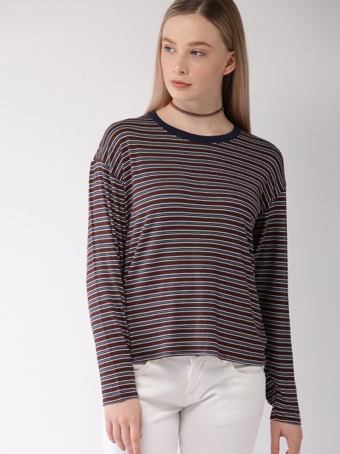 

FOREVER 21 Women Brown & Navy Blue Striped Round Neck T-shirt
