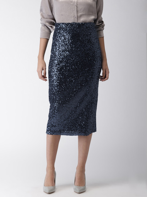 

FOREVER 21 Women Navy Blue Sequinned Straight Skirt