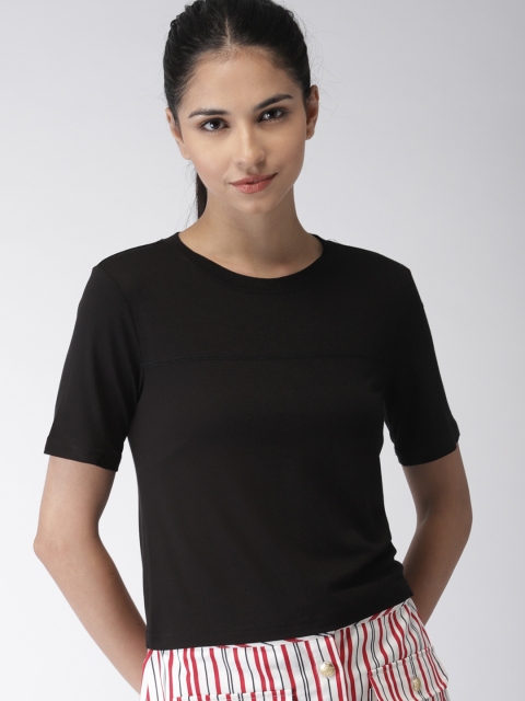 

FOREVER 21 Women Black Solid Round Neck T-shirt