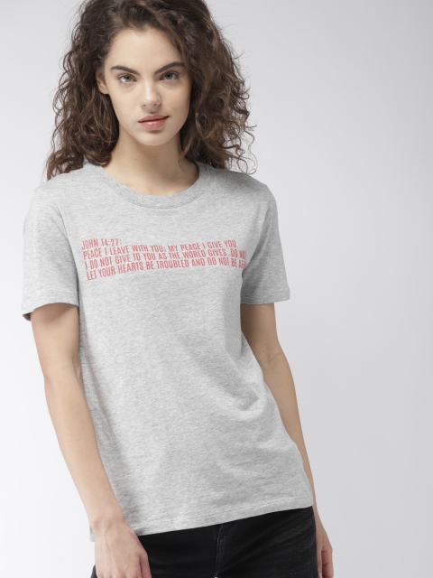 

FOREVER 21 Women Grey Melange Printed Round Neck T-shirt