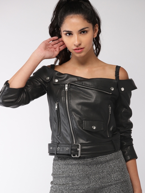 

FOREVER 21 Women Black Solid Leather Jacket