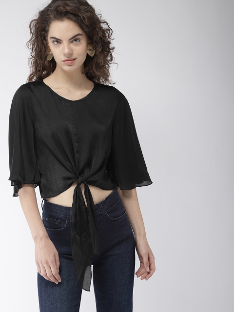 

FOREVER 21 Women Black Self Design Semi-sheer Crop Top