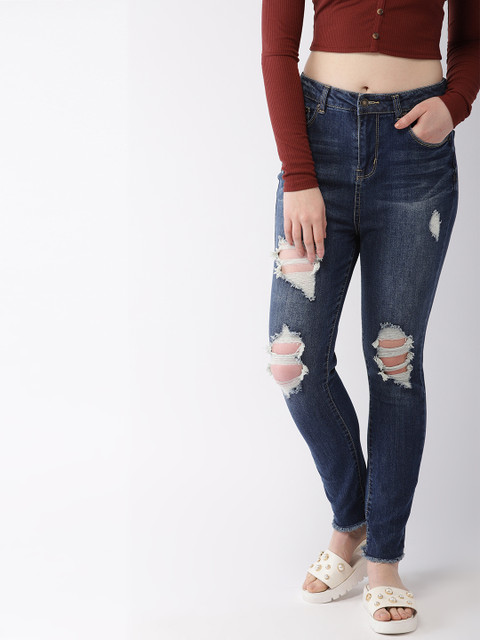 

FOREVER 21 Women Blue Regular Fit Mid-Rise Highly Distressed Stretchable Jeans