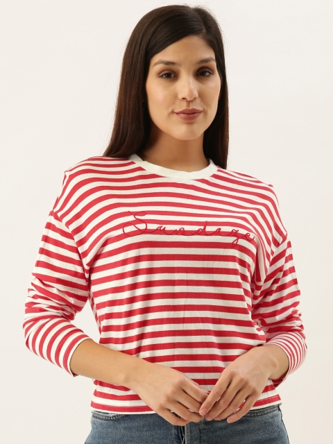 

FOREVER 21 Women White & Red Striped Round Neck T-shirt