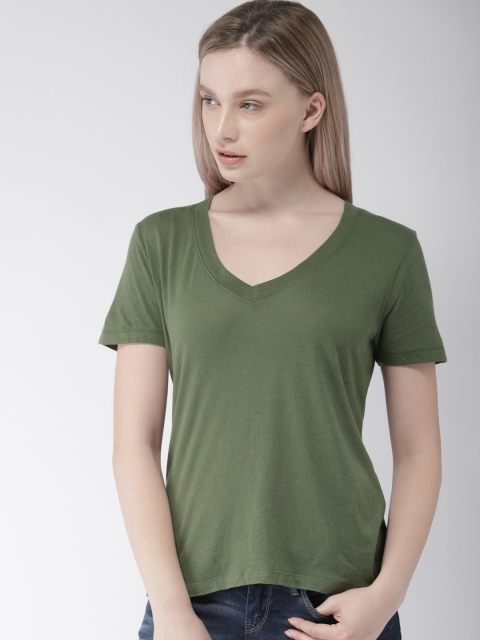 

FOREVER 21 Women Olive Green Solid V-Neck T-shirt