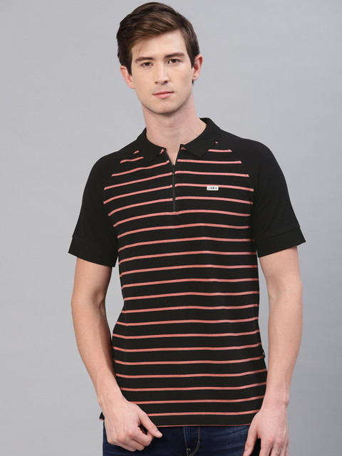 

HRX by Hrithik Roshan Men Black & Peach-Coloured Striped Zippered Polo Collar T-shirt