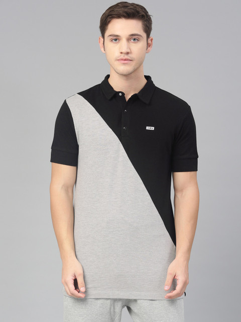 

HRX by Hrithik Roshan Men Black & Grey Colourblocked Polo Collar T-shirt