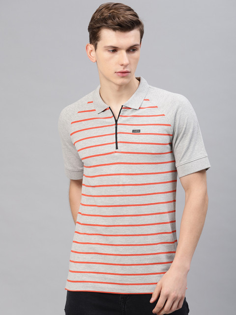 

HRX by Hrithik Roshan Men Grey Melange & Red Striped Zippered Polo Collar T-shirt