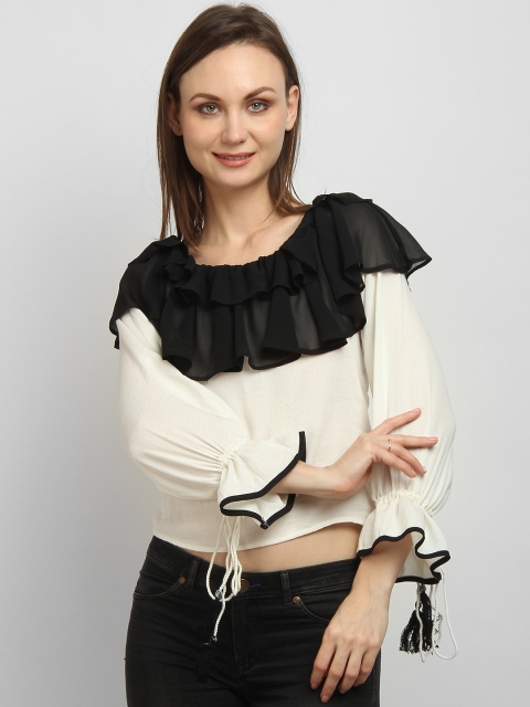 

LA LOFT Women Cream-Coloured & Black Colourblocked Top