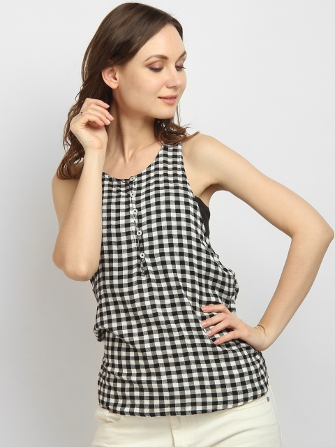 

LA LOFT Women Black Checked Pure Cotton Top