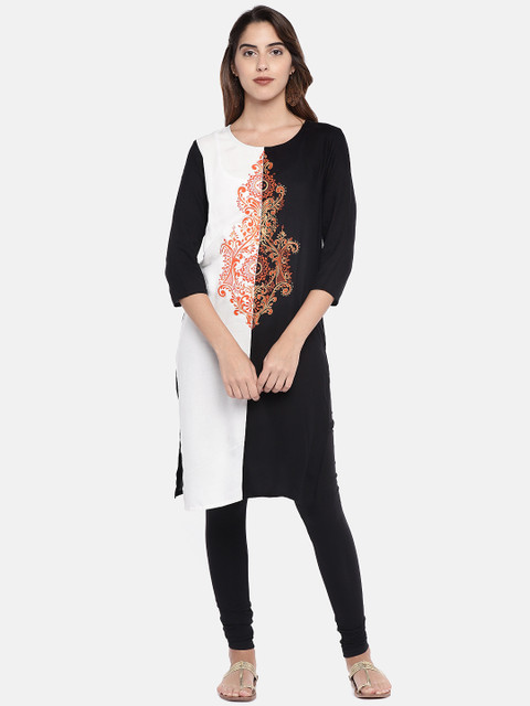 

Globus Women White & Black Colourblocked Straight Kurta