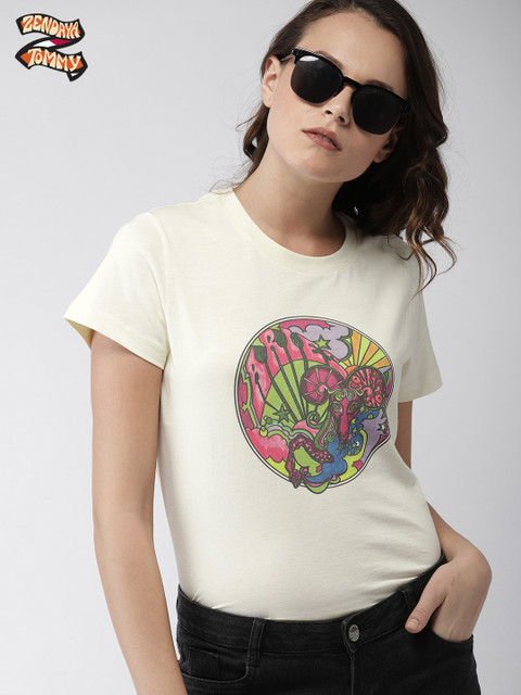 

Tommy Hilfiger TommyxZendaya Women Cream-Coloured Printed Round Neck Pure Cotton T-shirt