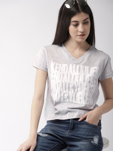 

FOREVER 21 Kendall + Kylie Women Grey Melange Printed V-Neck Pure Cotton T-shirt