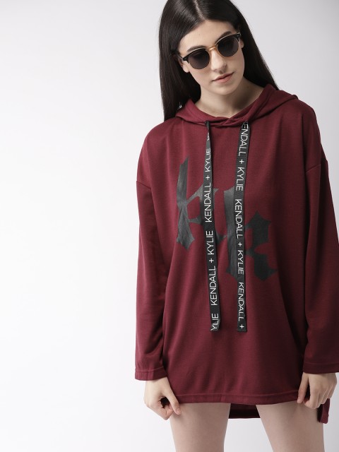 

FOREVER 21 Women Maroon Printed Kendall + Kylie Hooded T-shirt Dress