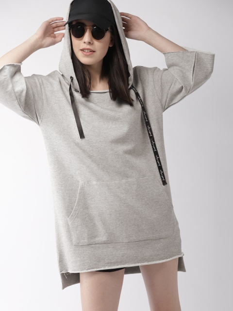 

FOREVER 21 Women Grey Solid Kendall + Kylie Hooded T-shirt Dress