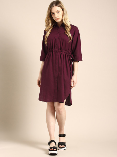

ether Women Maroon Solid Shirt Dress