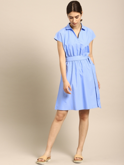 

ether Women Blue Solid Fit and Flare Dress