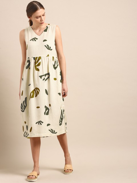 

ether Women Off-White & Green Printed Empire Midi Dress