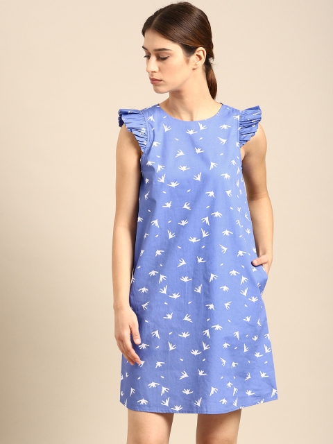 

ether Women Blue & White Printed A-Line Dress