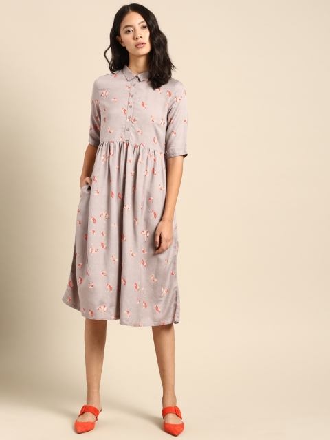 

ether Women Grey Printed Fit and Flare Dress