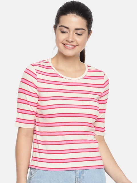 

Vero Moda Women Pink & Off- White Striped Round Neck Cropped T-shirt