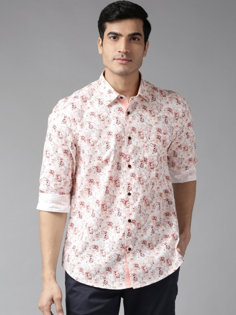 

Blackberrys Men White & Peach-Coloured Slim Fit Printed Casual Shirt