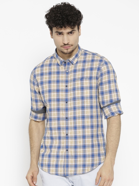 

Blackberrys Men Beige & Blue Slim Fit Checked Casual Shirt