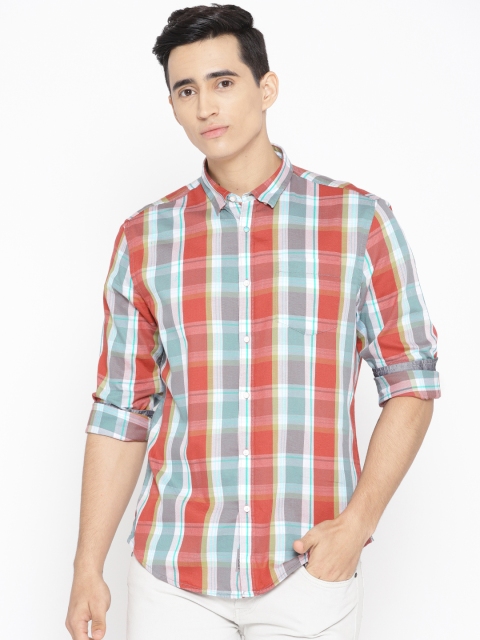

Blackberrys Men Rust Orange & Blue Slim Fit Checked Casual Shirt
