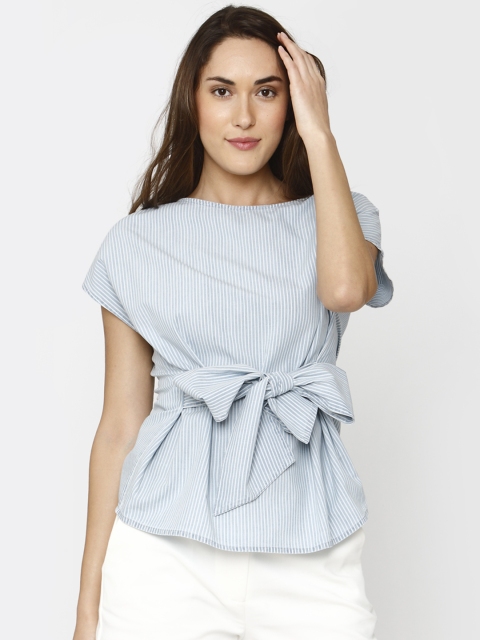 

Vero Moda Women Blue & White Striped Cinched Waist Pure Cotton Top