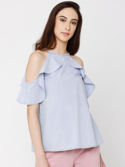 

Vero Moda Women Blue & White Striped Chambray Pure Cotton Top