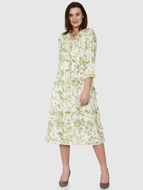 

Vero Moda Women White & Green Printed A-Line Dress