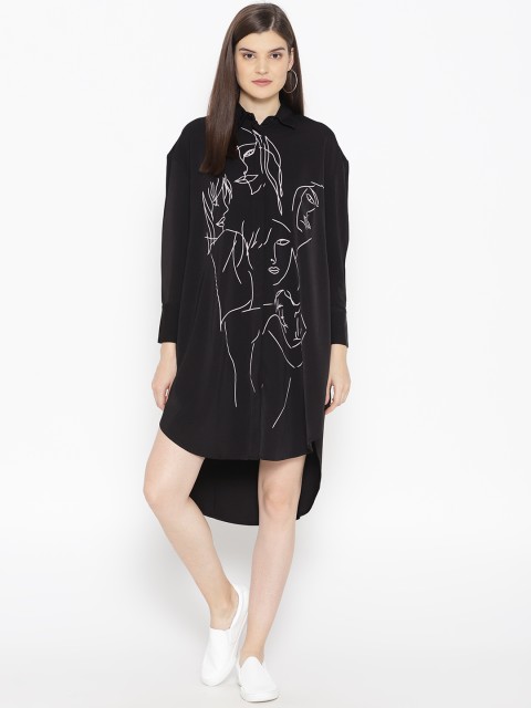 

Vero Moda Women Black Printed High-Low Shirt Dress