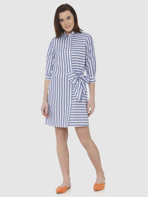 

Vero Moda Women White & Blue Striped Shirt Dress