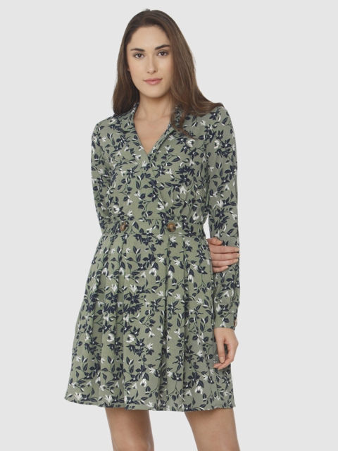 

Vero Moda Women Olive Green Printed Fit and Flare Dress