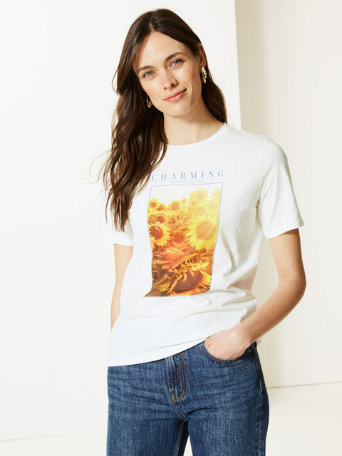 

Marks Spencer Women White Printed Round Neck Pure Cotton T-shirt