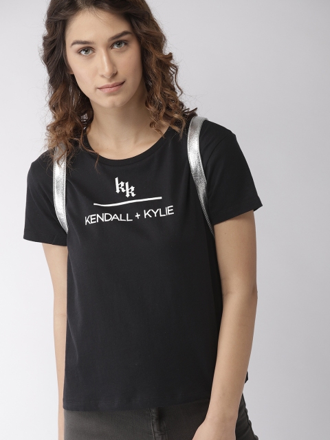 

FOREVER 21 Women Black Kendall + Kylie Printed Round Neck Pure Cotton T-shirt